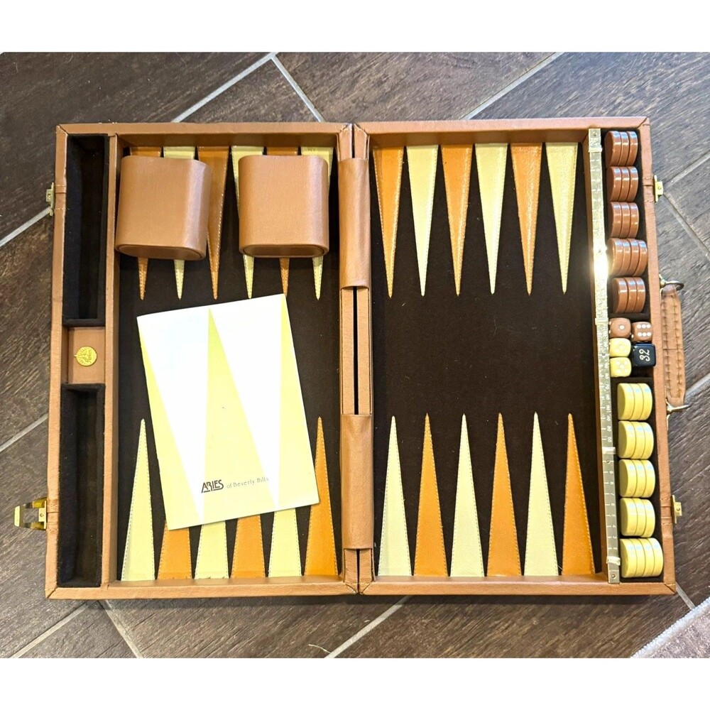 Vintage 1970s Aries of Beverly Hills Backgammon Set - Briefcase Brown leather